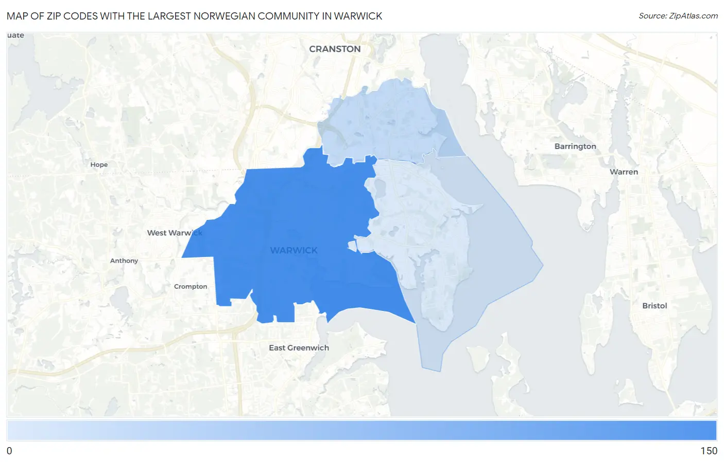 Zip Codes with the Largest Norwegian Community in Warwick Map