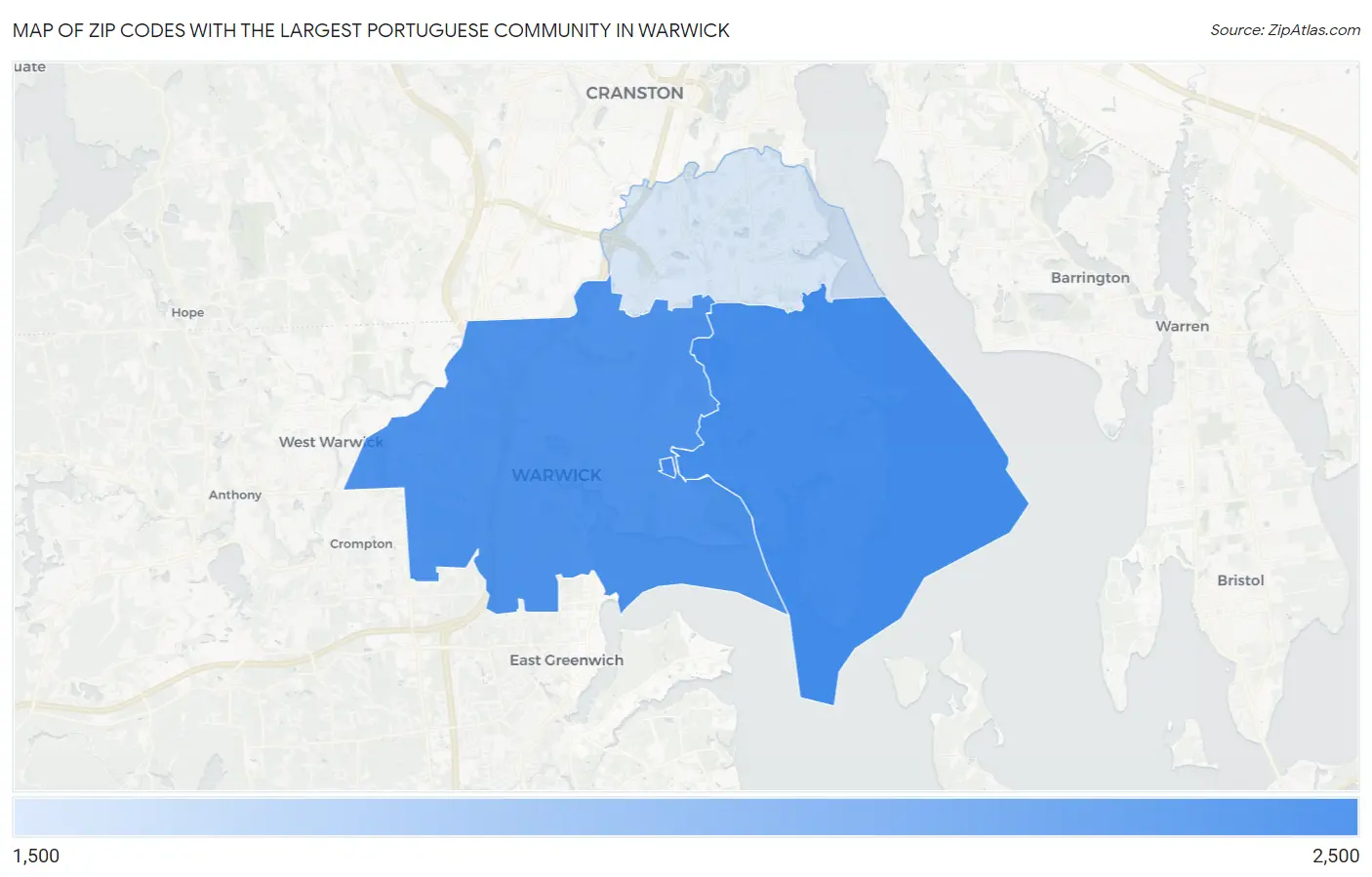 Zip Codes with the Largest Portuguese Community in Warwick Map