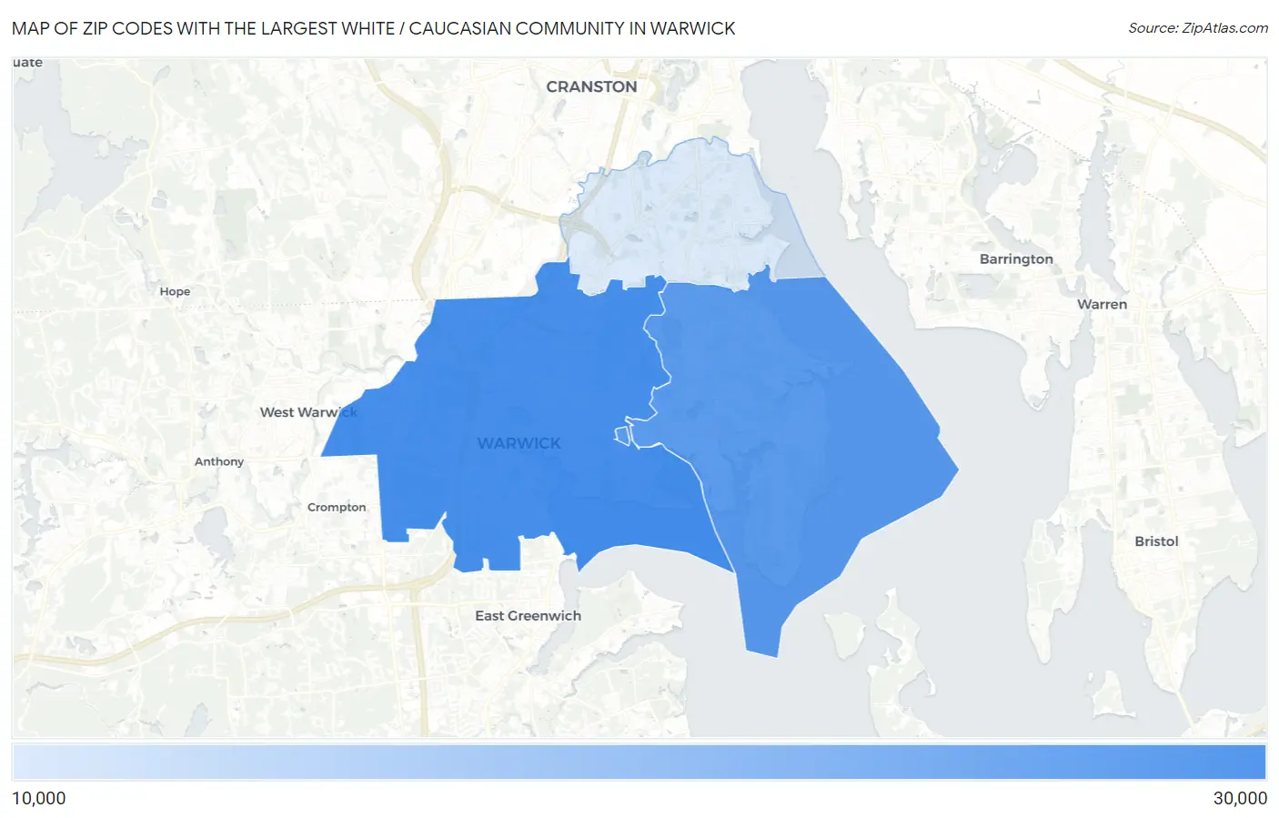 Zip Codes with the Largest White / Caucasian Community in Warwick Map