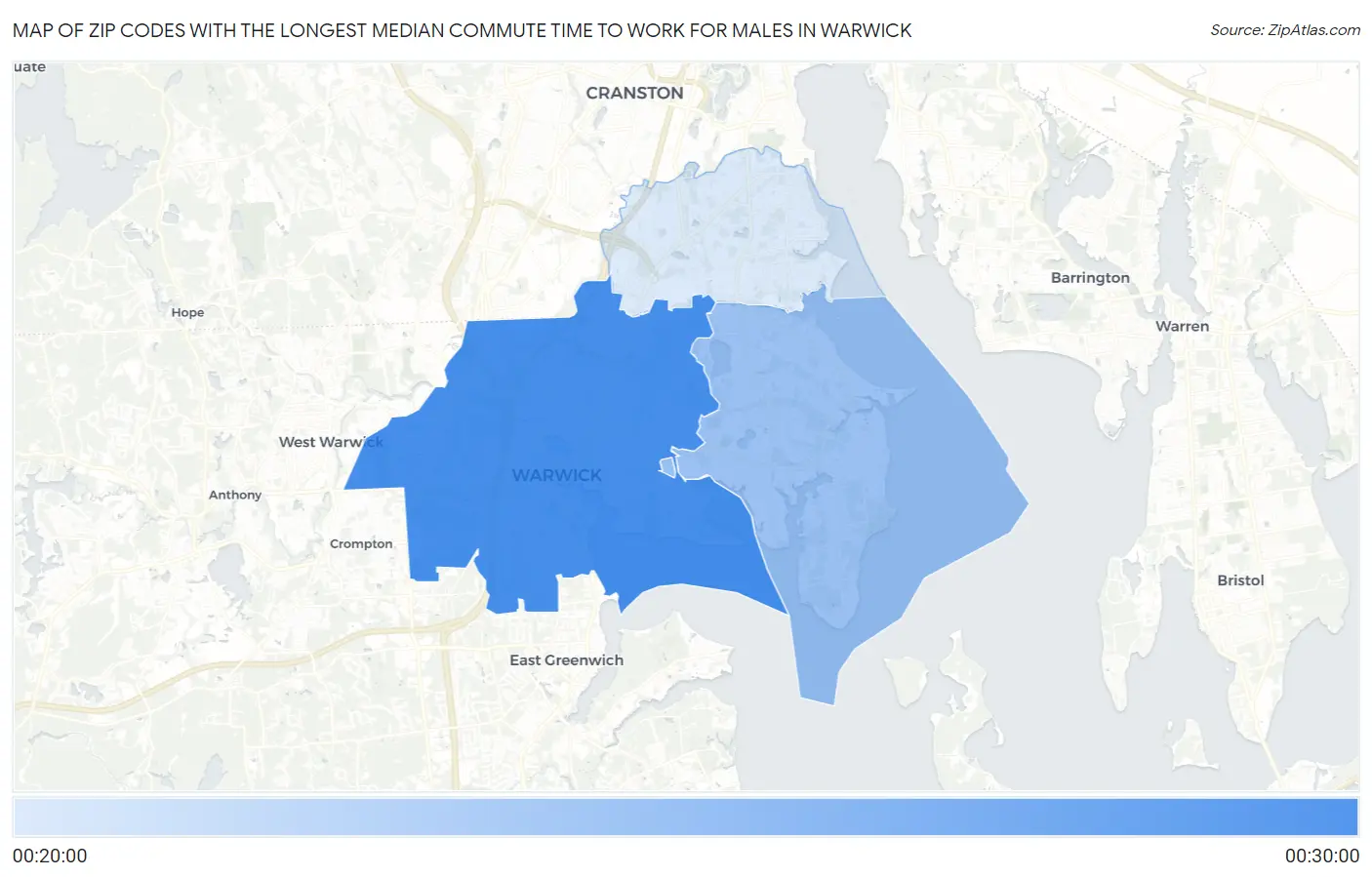 Zip Codes with the Longest Median Commute Time to Work for Males in Warwick Map