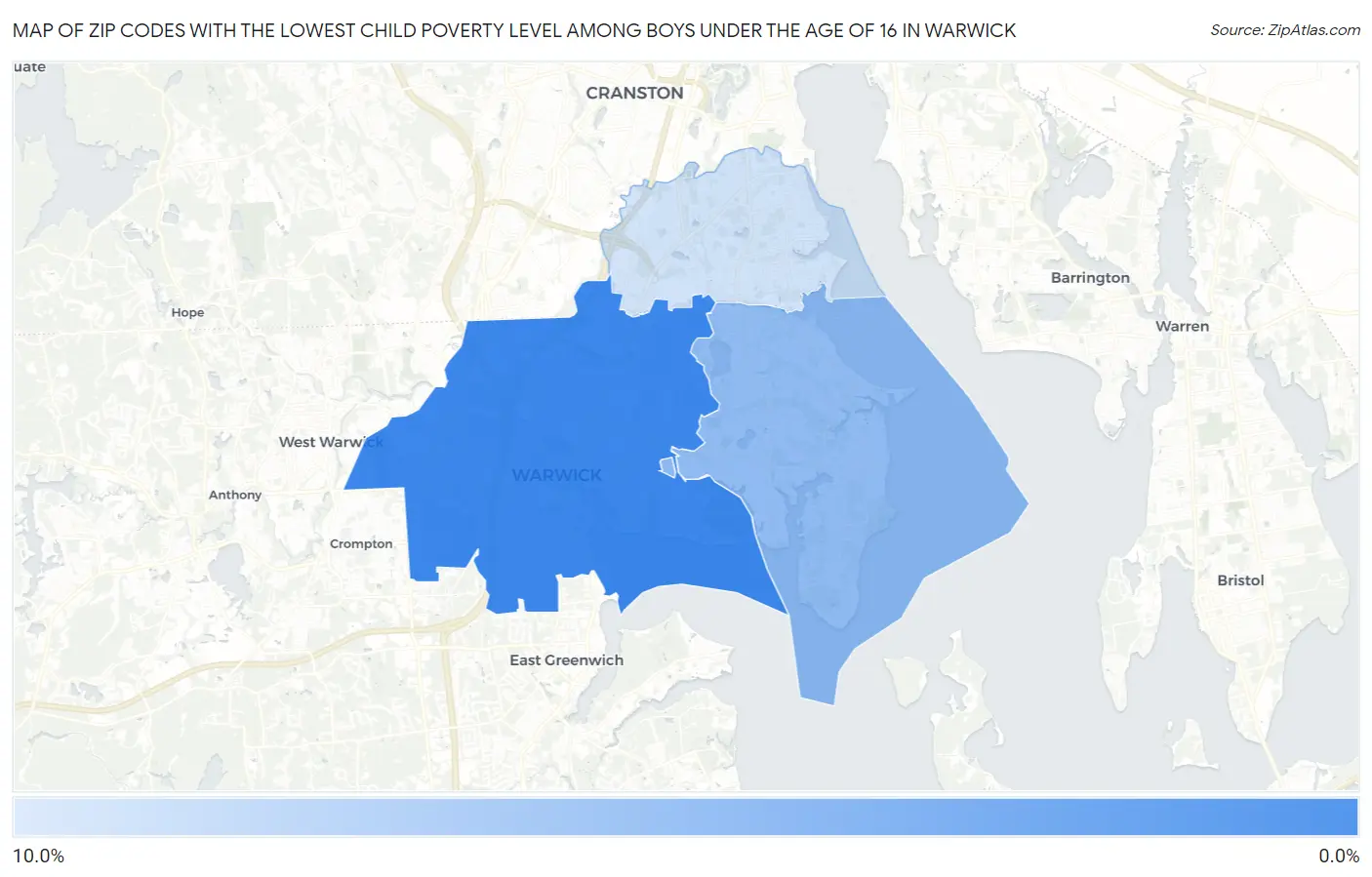 Zip Codes with the Lowest Child Poverty Level Among Boys Under the Age of 16 in Warwick Map