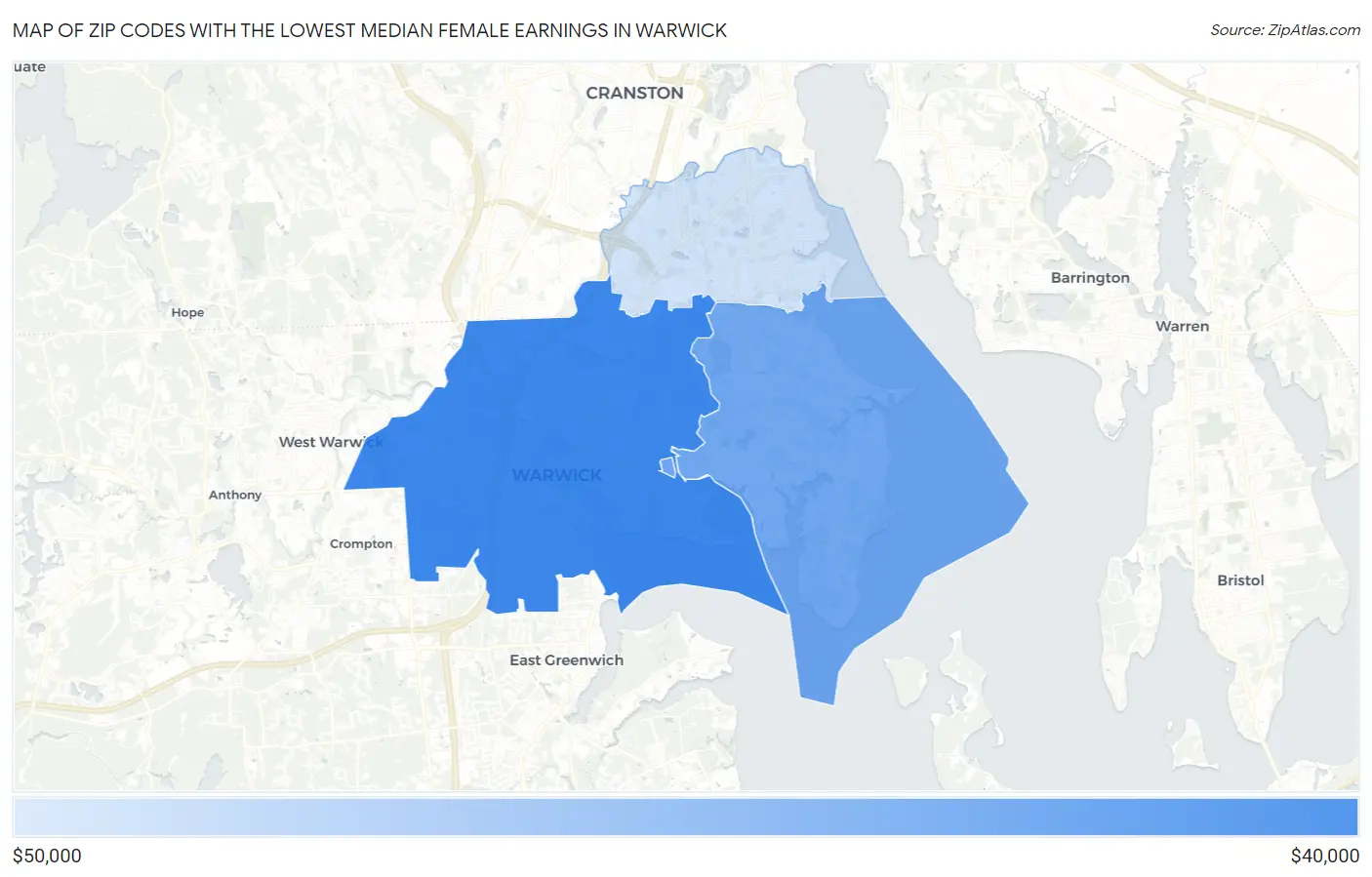 Zip Codes with the Lowest Median Female Earnings in Warwick Map