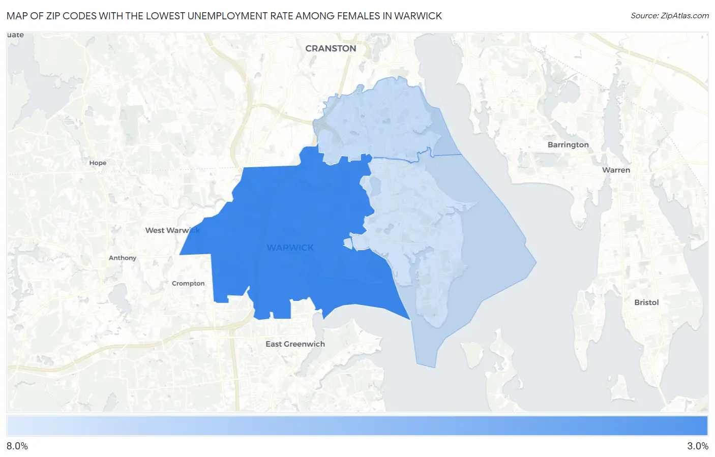 Zip Codes with the Lowest Unemployment Rate Among Females in Warwick Map