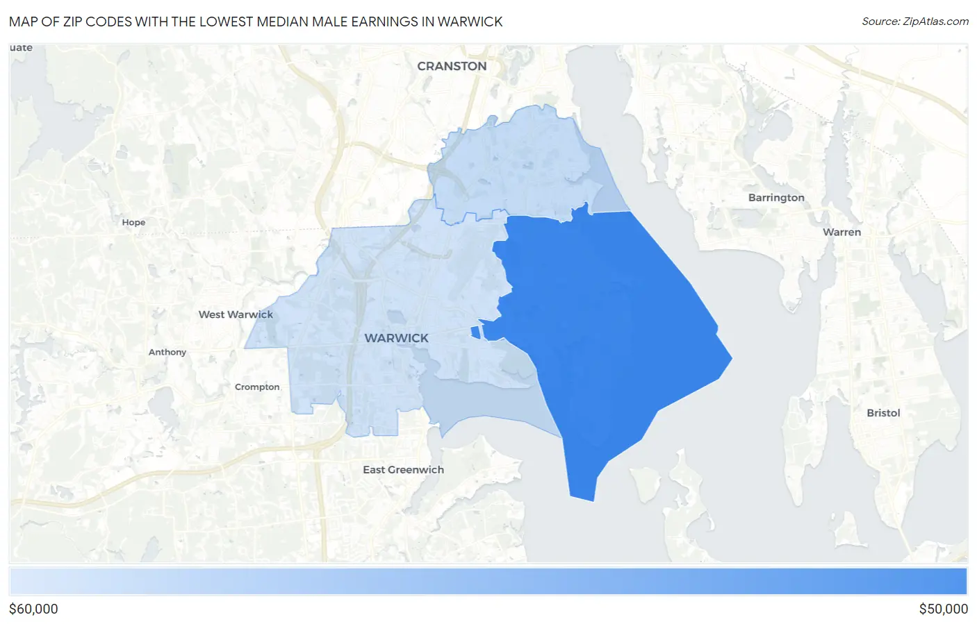 Zip Codes with the Lowest Median Male Earnings in Warwick Map