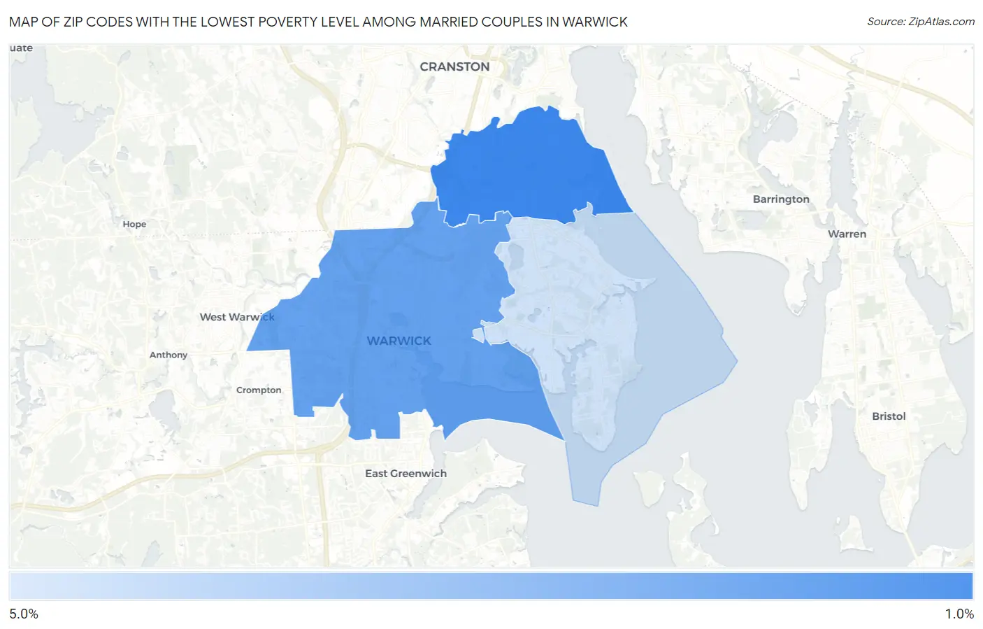 Zip Codes with the Lowest Poverty Level Among Married Couples in Warwick Map