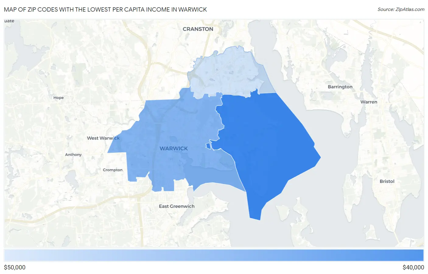 Zip Codes with the Lowest Per Capita Income in Warwick Map