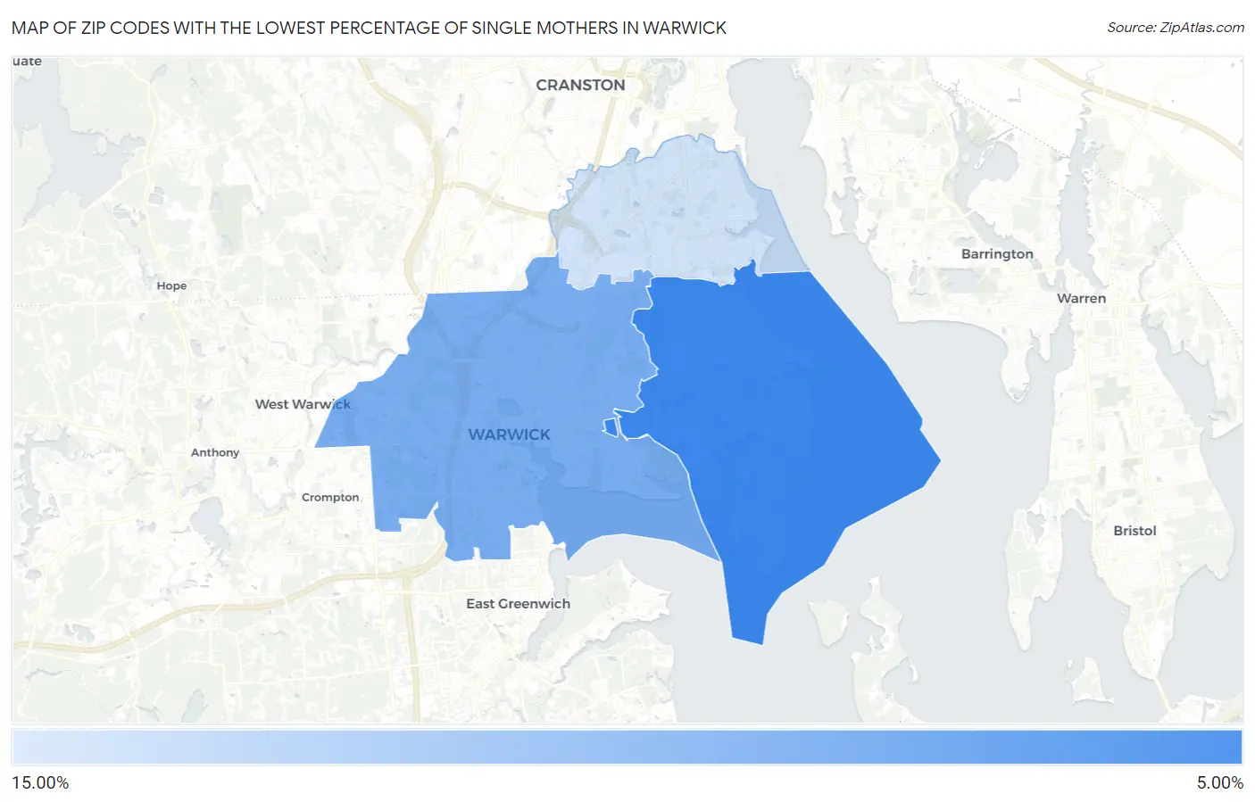 Zip Codes with the Lowest Percentage of Single Mothers in Warwick Map