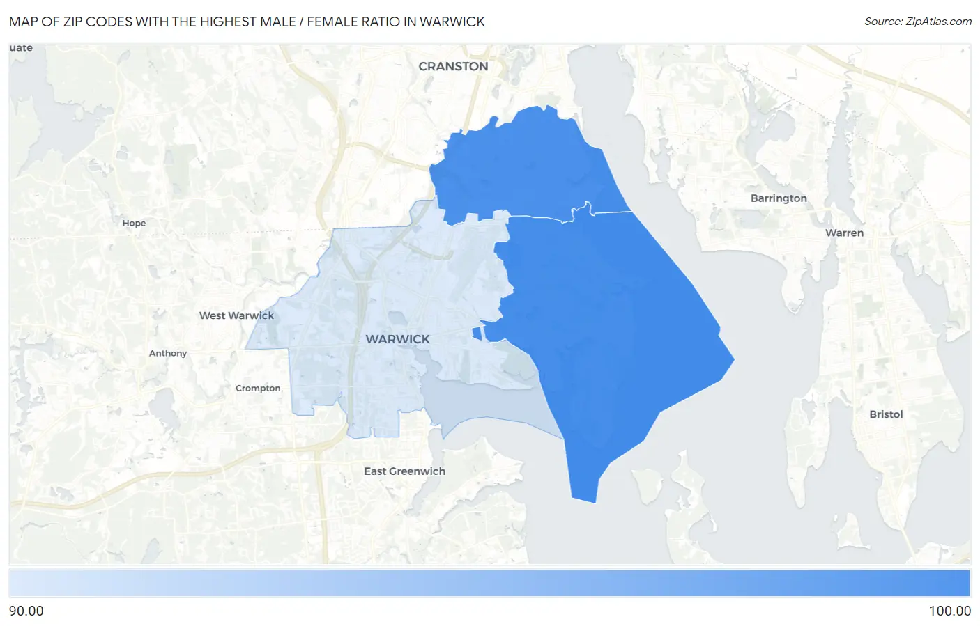 Zip Codes with the Highest Male / Female Ratio in Warwick Map