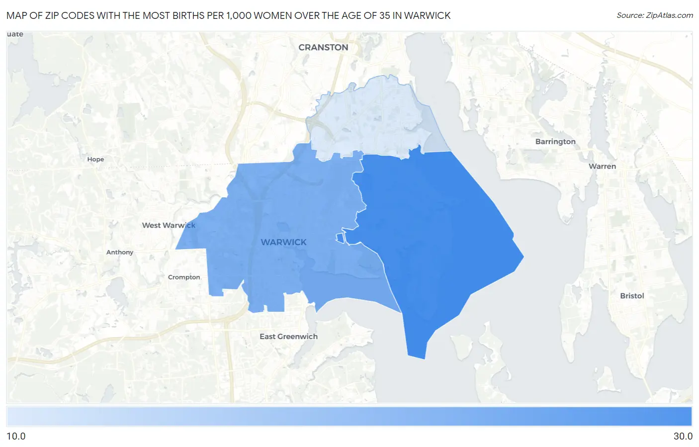 Zip Codes with the Most Births per 1,000 Women Over the Age of 35 in Warwick Map