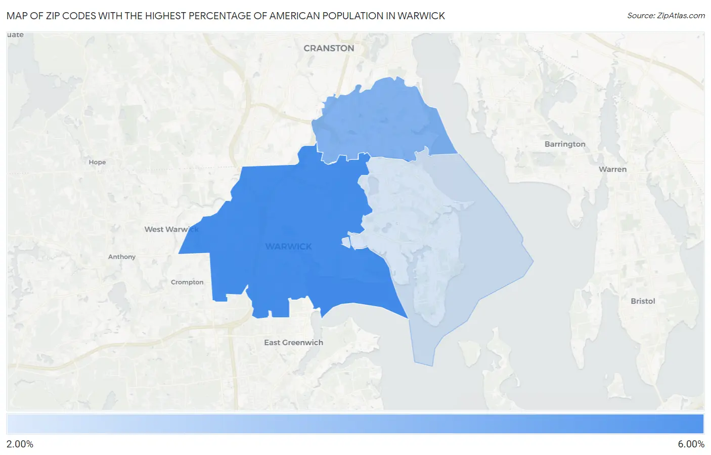 Zip Codes with the Highest Percentage of American Population in Warwick Map