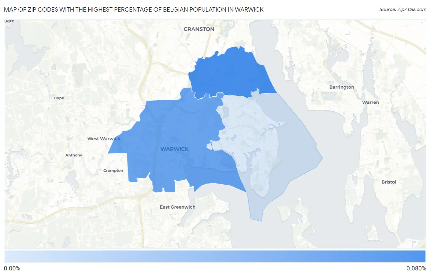 Zip Codes with the Highest Percentage of Belgian Population in Warwick Map