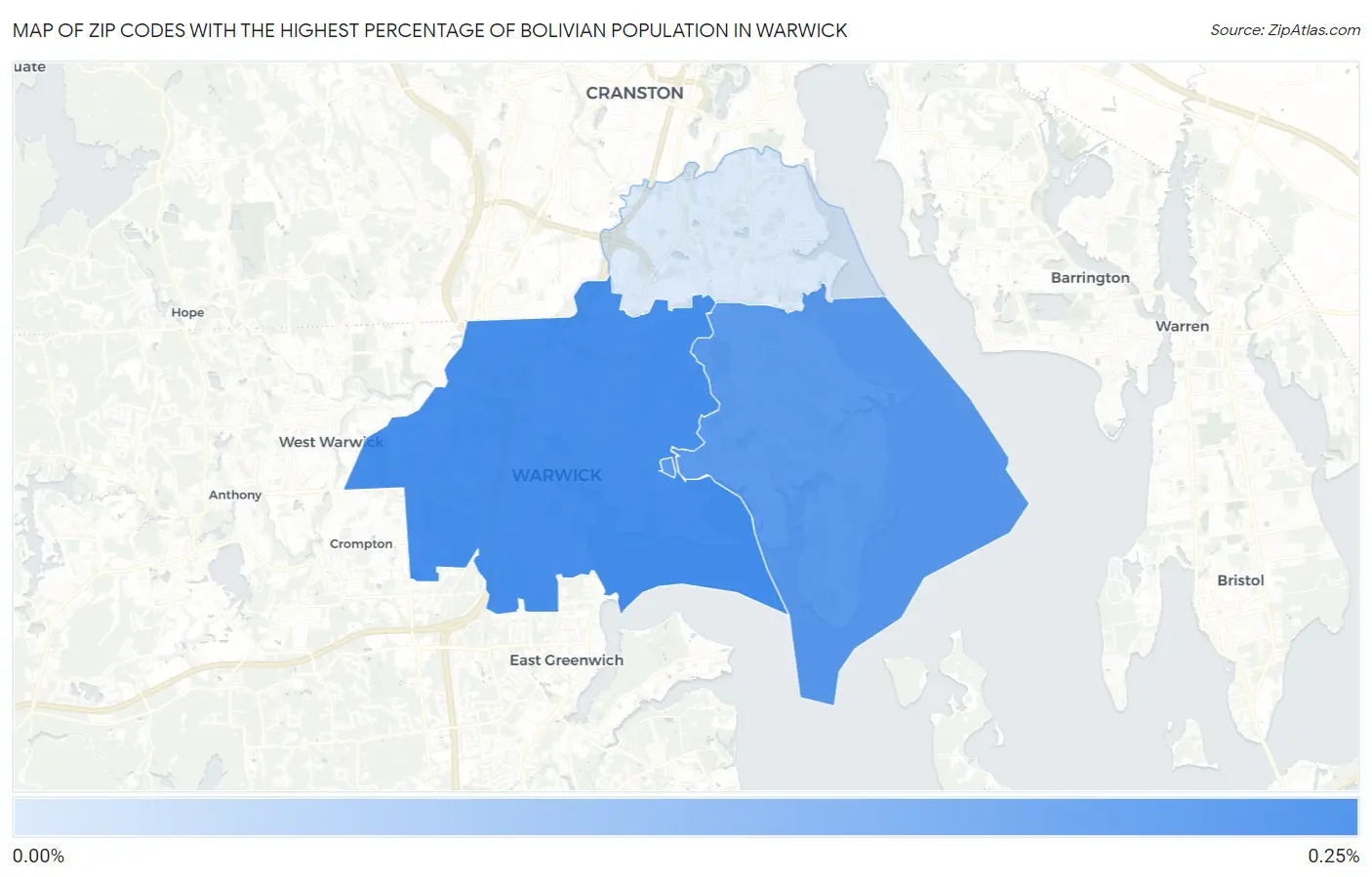 Zip Codes with the Highest Percentage of Bolivian Population in Warwick Map
