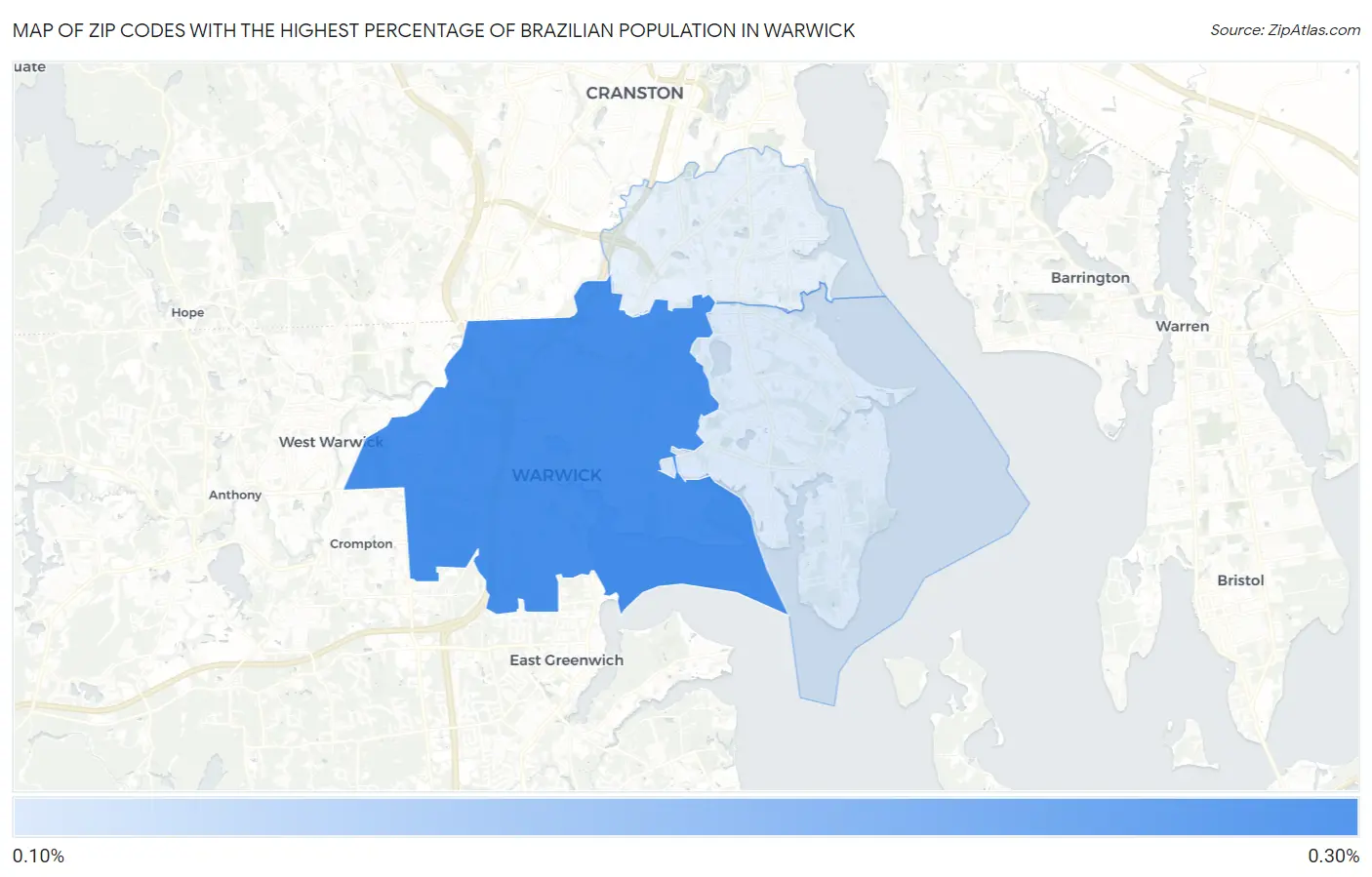Zip Codes with the Highest Percentage of Brazilian Population in Warwick Map