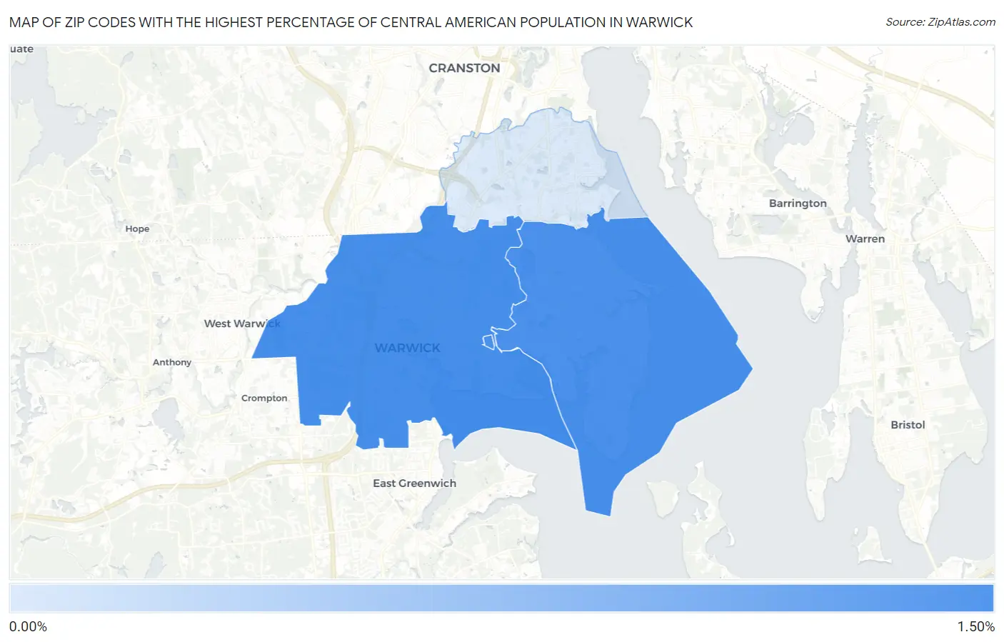 Zip Codes with the Highest Percentage of Central American Population in Warwick Map