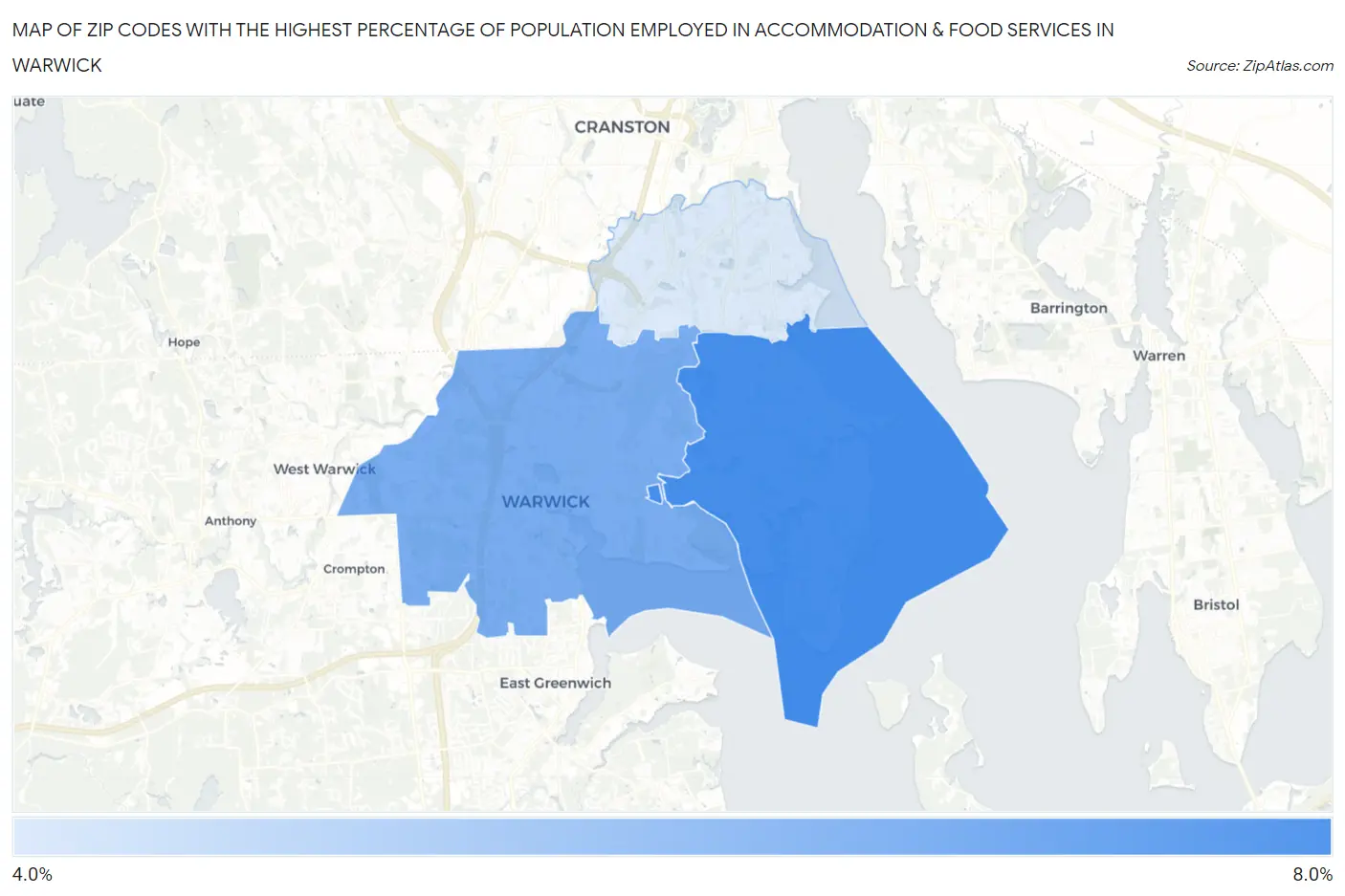 Zip Codes with the Highest Percentage of Population Employed in Accommodation & Food Services in Warwick Map