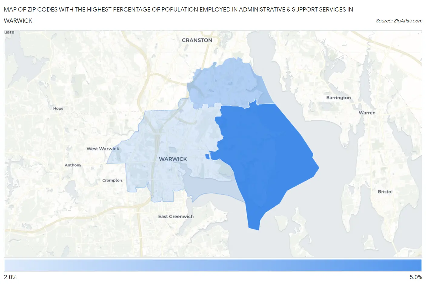 Zip Codes with the Highest Percentage of Population Employed in Administrative & Support Services in Warwick Map