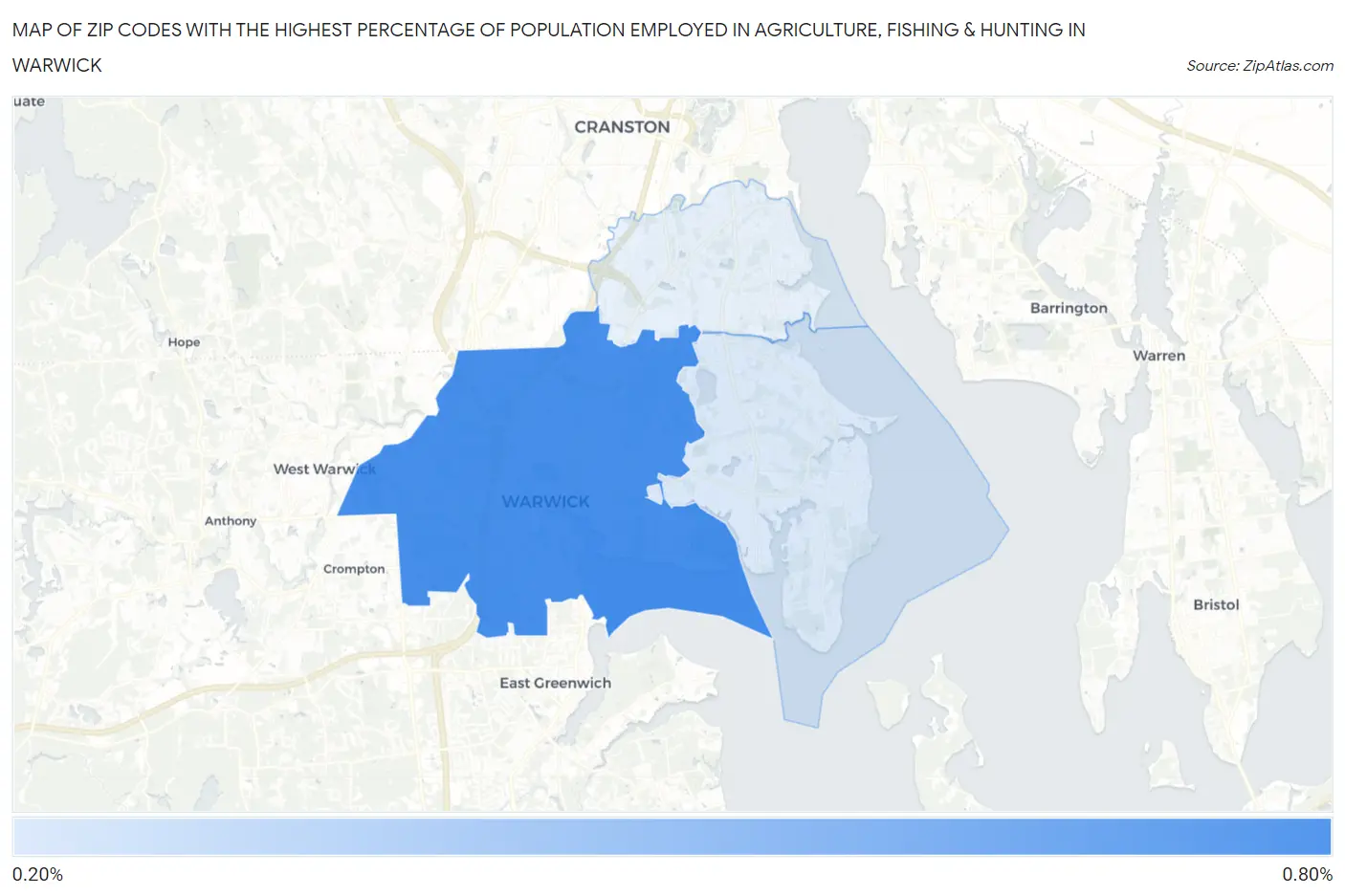 Zip Codes with the Highest Percentage of Population Employed in Agriculture, Fishing & Hunting in Warwick Map