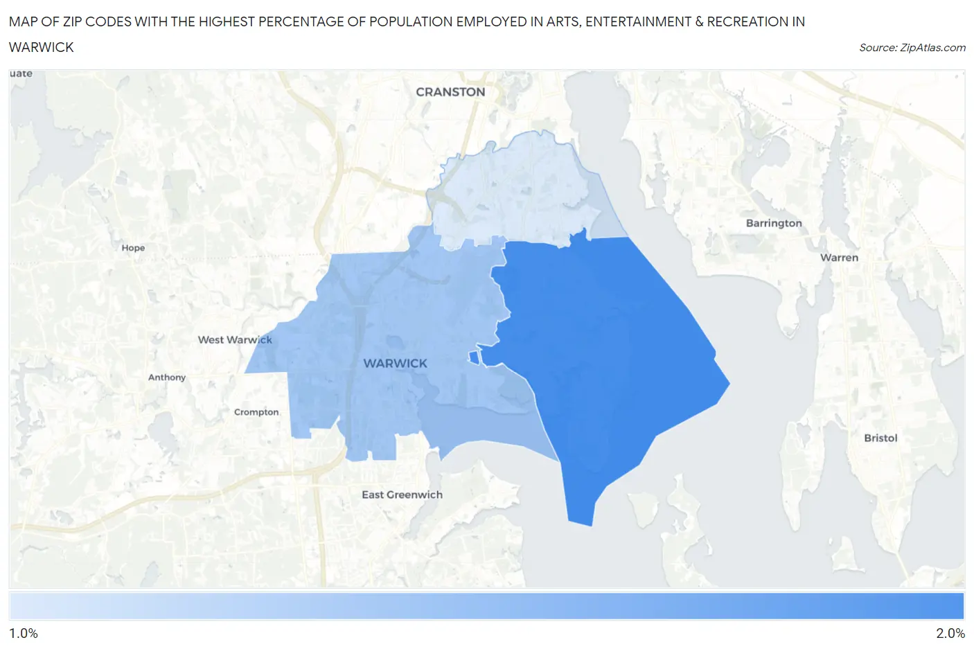 Zip Codes with the Highest Percentage of Population Employed in Arts, Entertainment & Recreation in Warwick Map