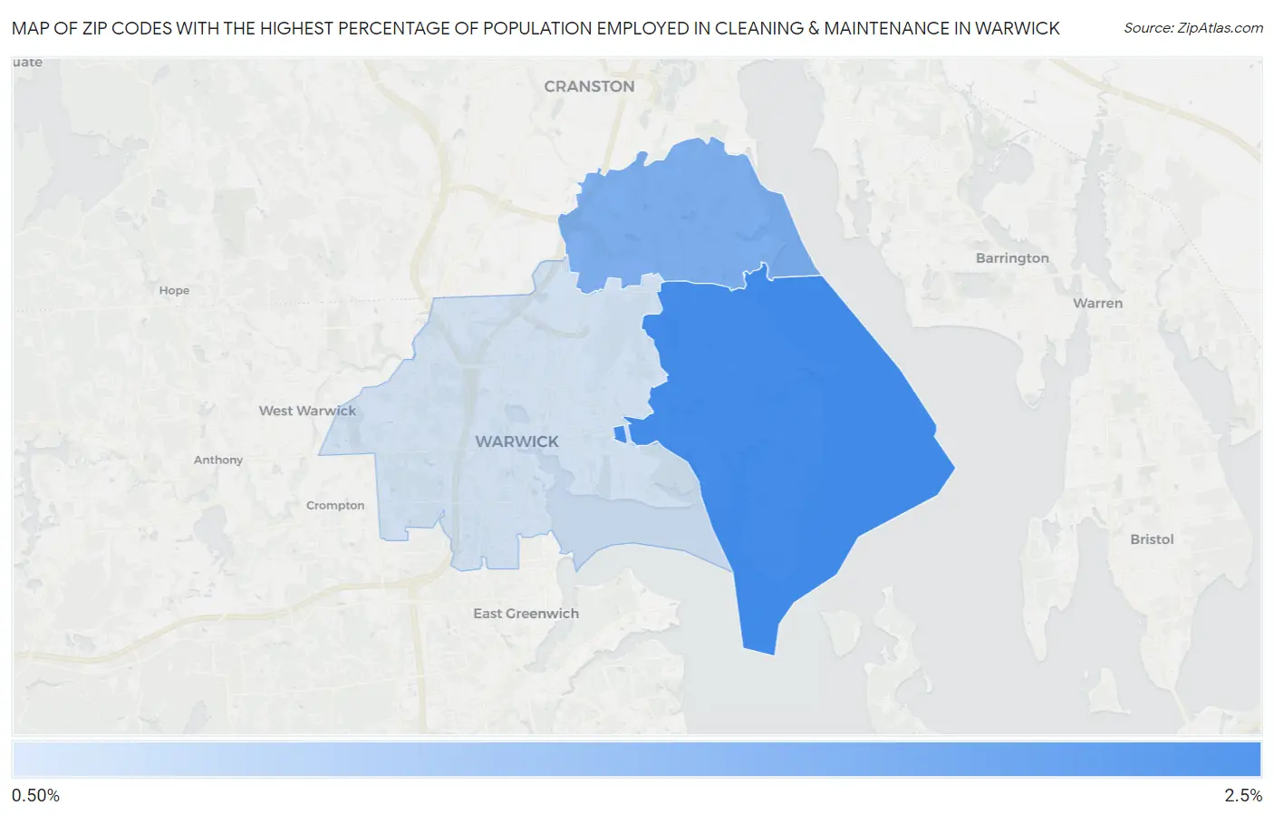 Zip Codes with the Highest Percentage of Population Employed in Cleaning & Maintenance in Warwick Map