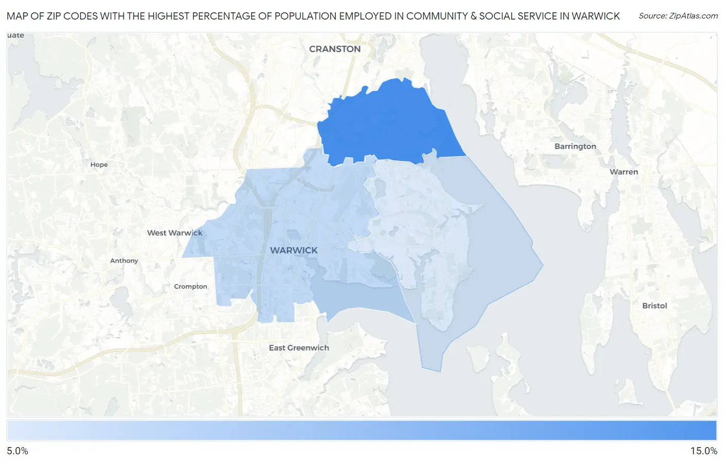 Zip Codes with the Highest Percentage of Population Employed in Community & Social Service  in Warwick Map
