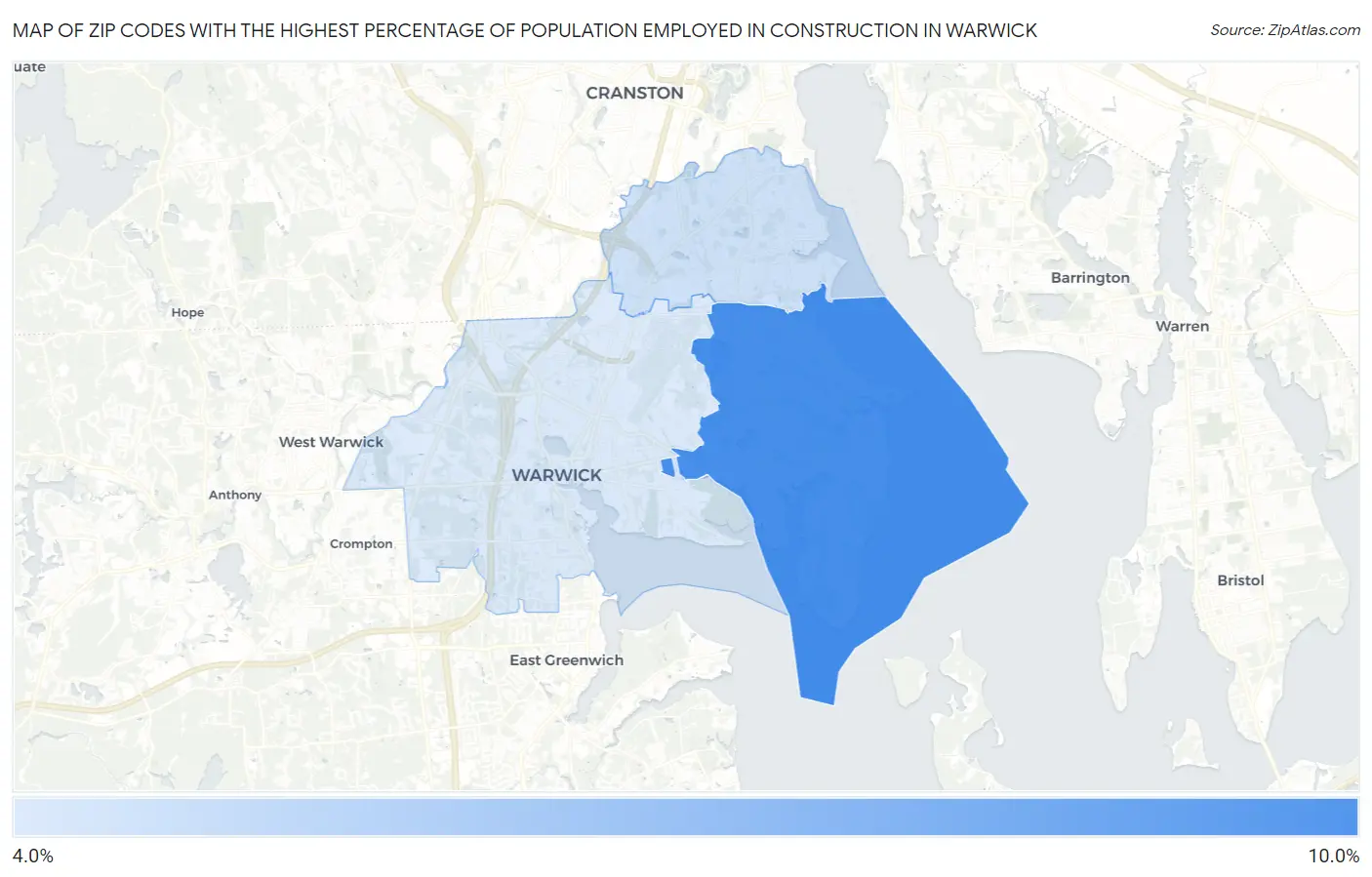 Zip Codes with the Highest Percentage of Population Employed in Construction in Warwick Map