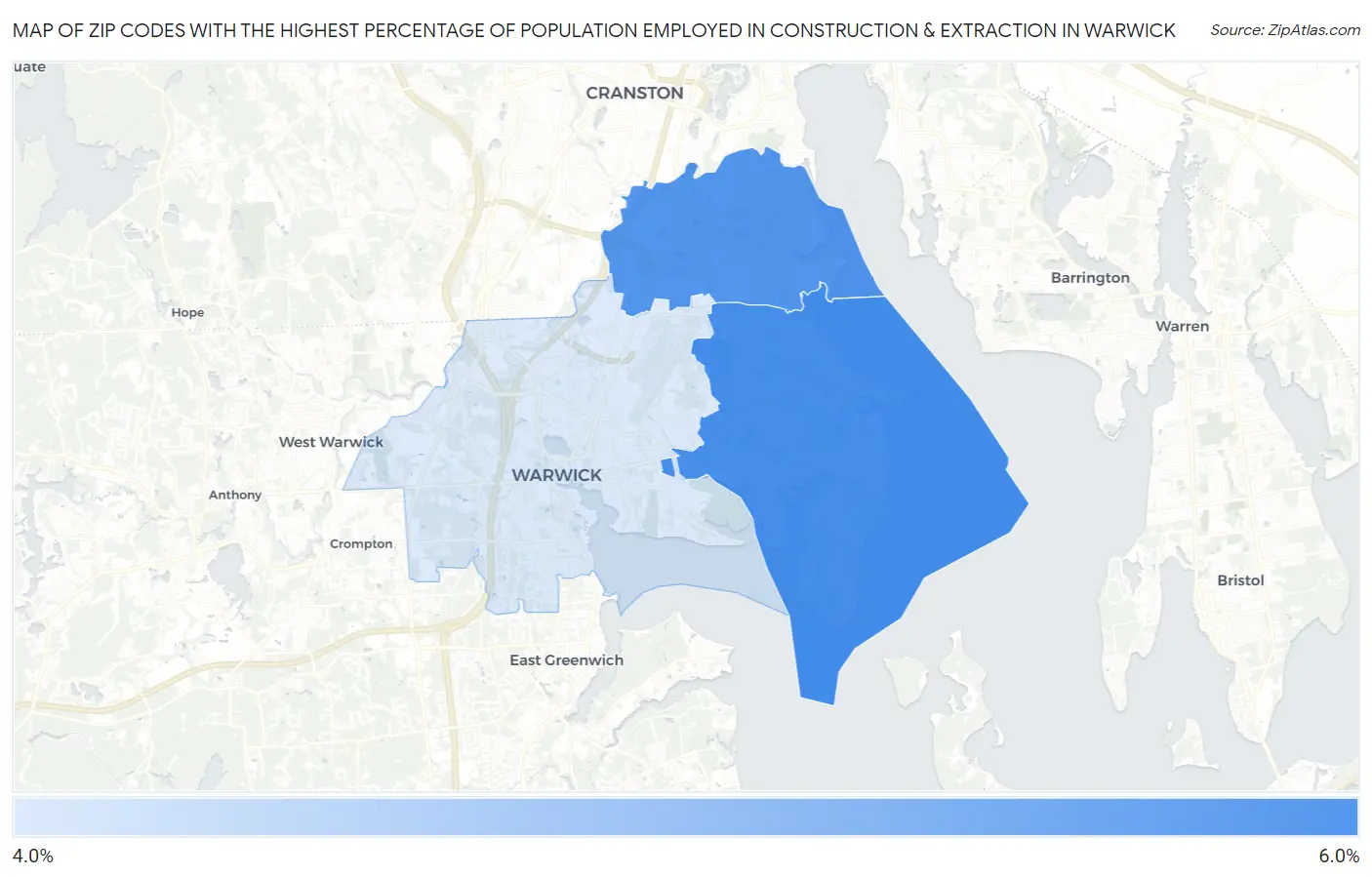 Zip Codes with the Highest Percentage of Population Employed in Construction & Extraction in Warwick Map