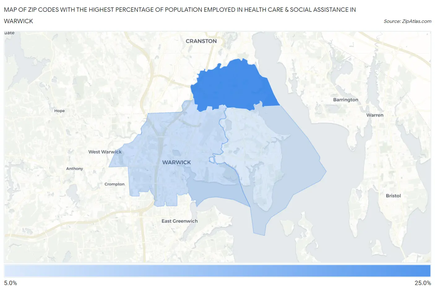 Zip Codes with the Highest Percentage of Population Employed in Health Care & Social Assistance in Warwick Map