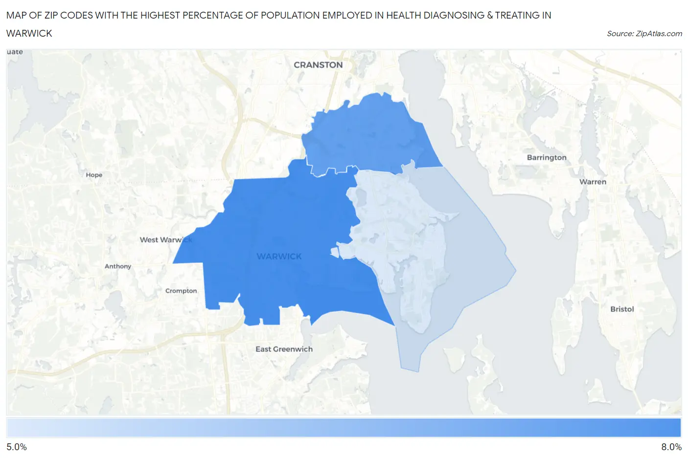 Zip Codes with the Highest Percentage of Population Employed in Health Diagnosing & Treating in Warwick Map