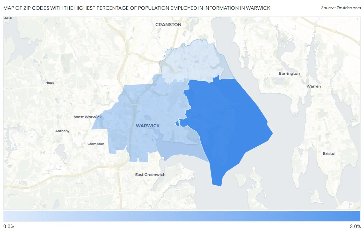 Zip Codes with the Highest Percentage of Population Employed in Information in Warwick Map
