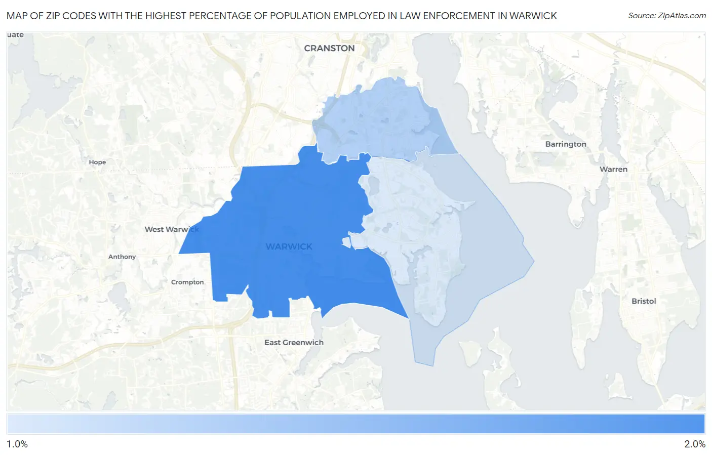 Zip Codes with the Highest Percentage of Population Employed in Law Enforcement in Warwick Map