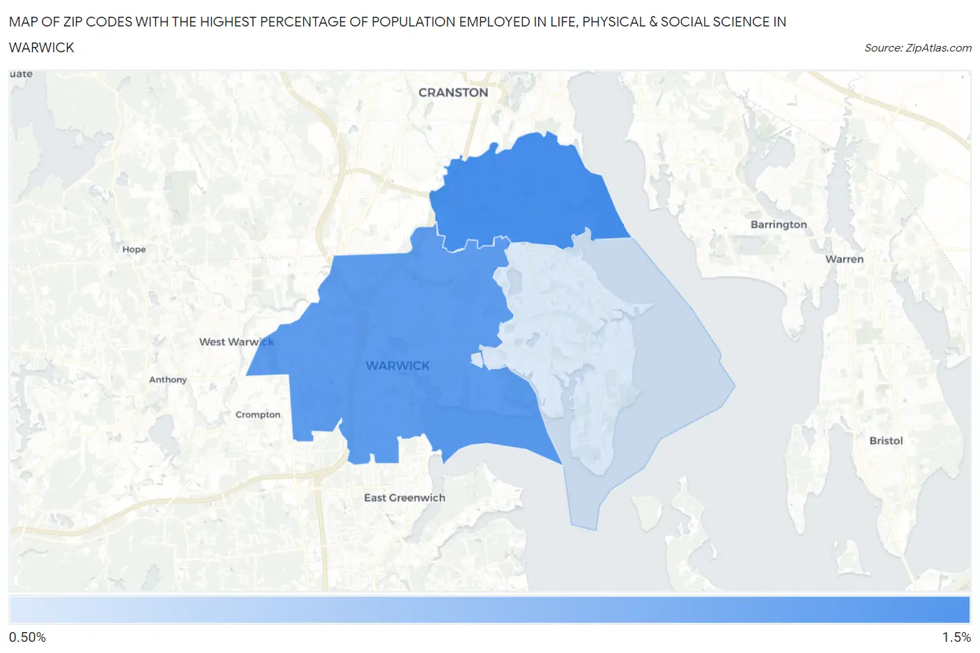 Zip Codes with the Highest Percentage of Population Employed in Life, Physical & Social Science in Warwick Map