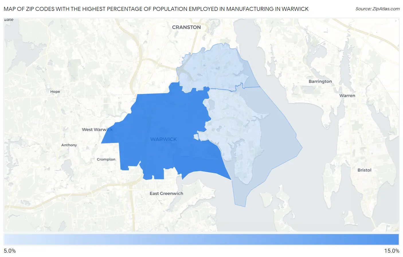 Zip Codes with the Highest Percentage of Population Employed in Manufacturing in Warwick Map