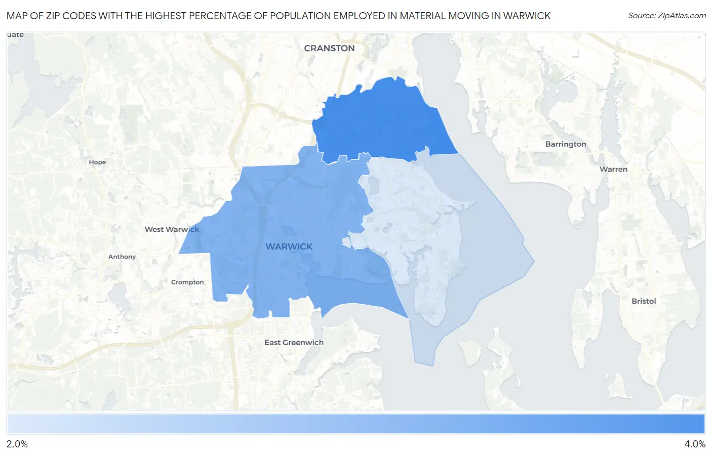 Zip Codes with the Highest Percentage of Population Employed in Material Moving in Warwick Map