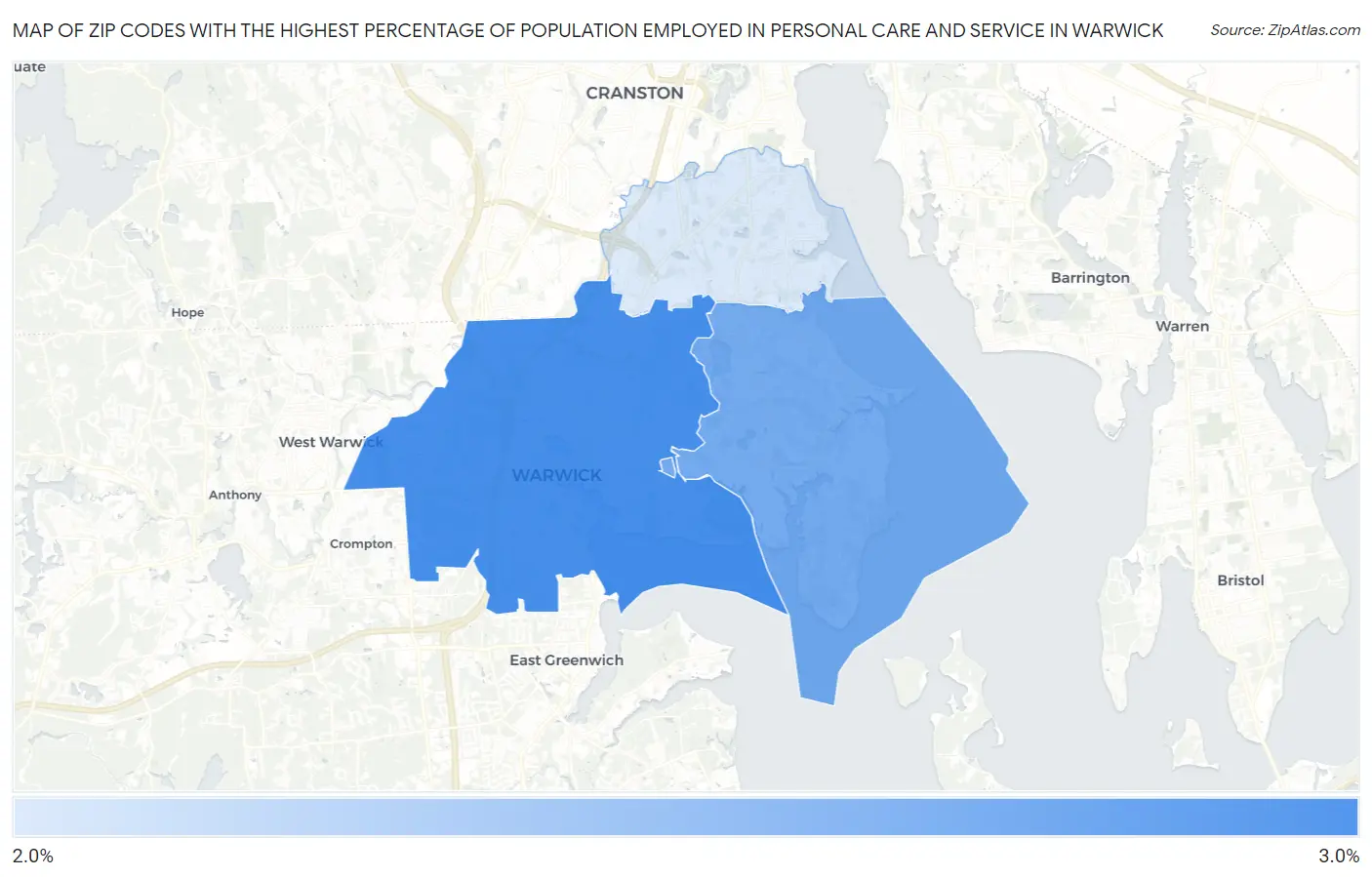 Zip Codes with the Highest Percentage of Population Employed in Personal Care and Service in Warwick Map