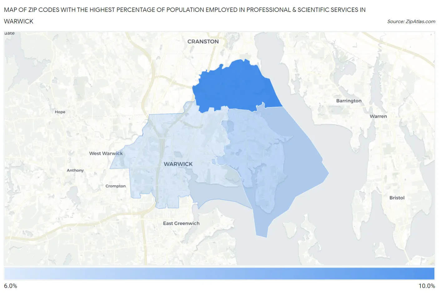 Zip Codes with the Highest Percentage of Population Employed in Professional & Scientific Services in Warwick Map