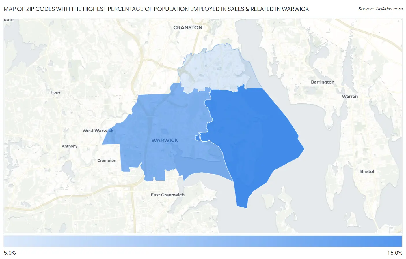 Zip Codes with the Highest Percentage of Population Employed in Sales & Related in Warwick Map