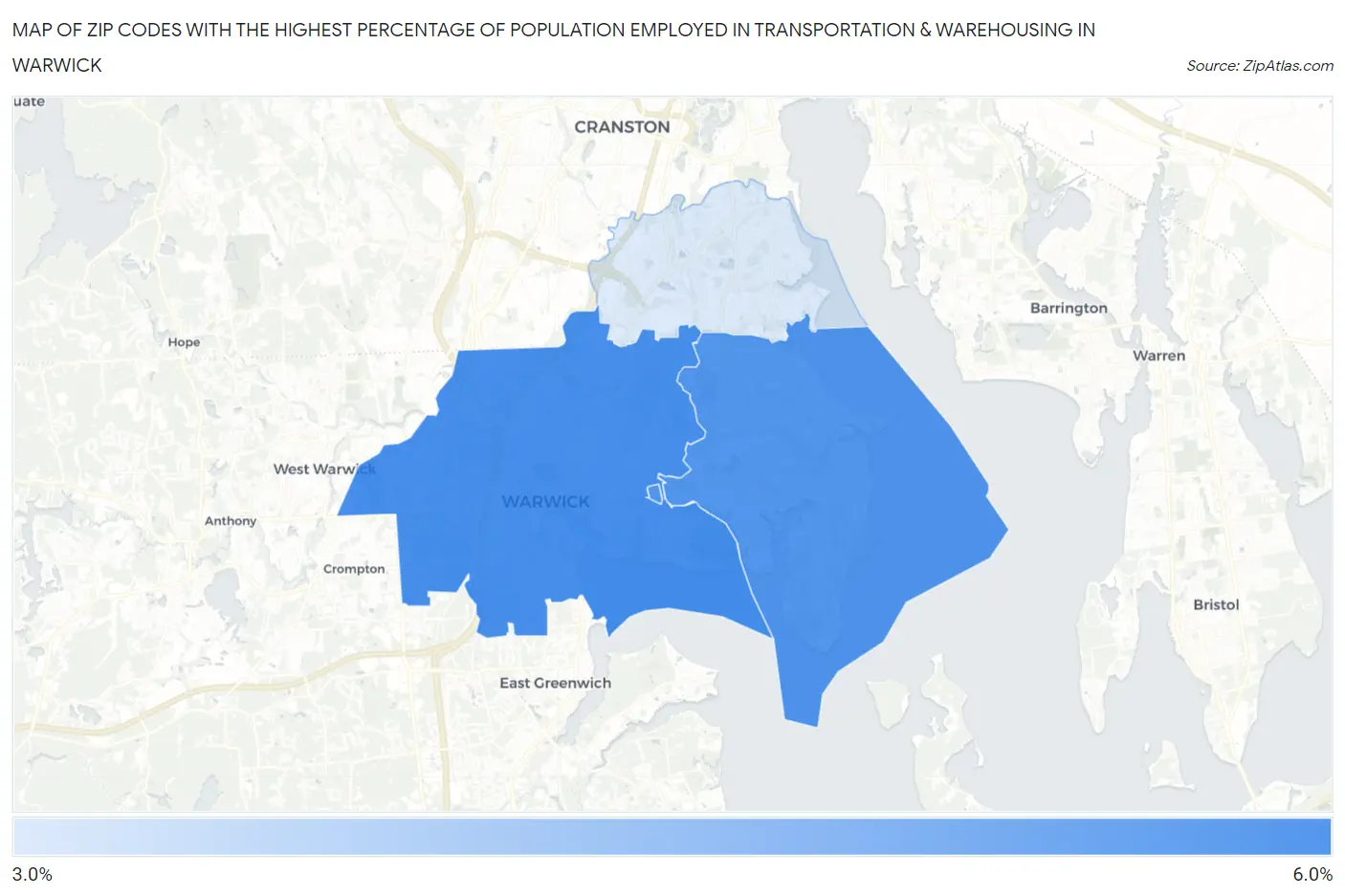 Zip Codes with the Highest Percentage of Population Employed in Transportation & Warehousing in Warwick Map