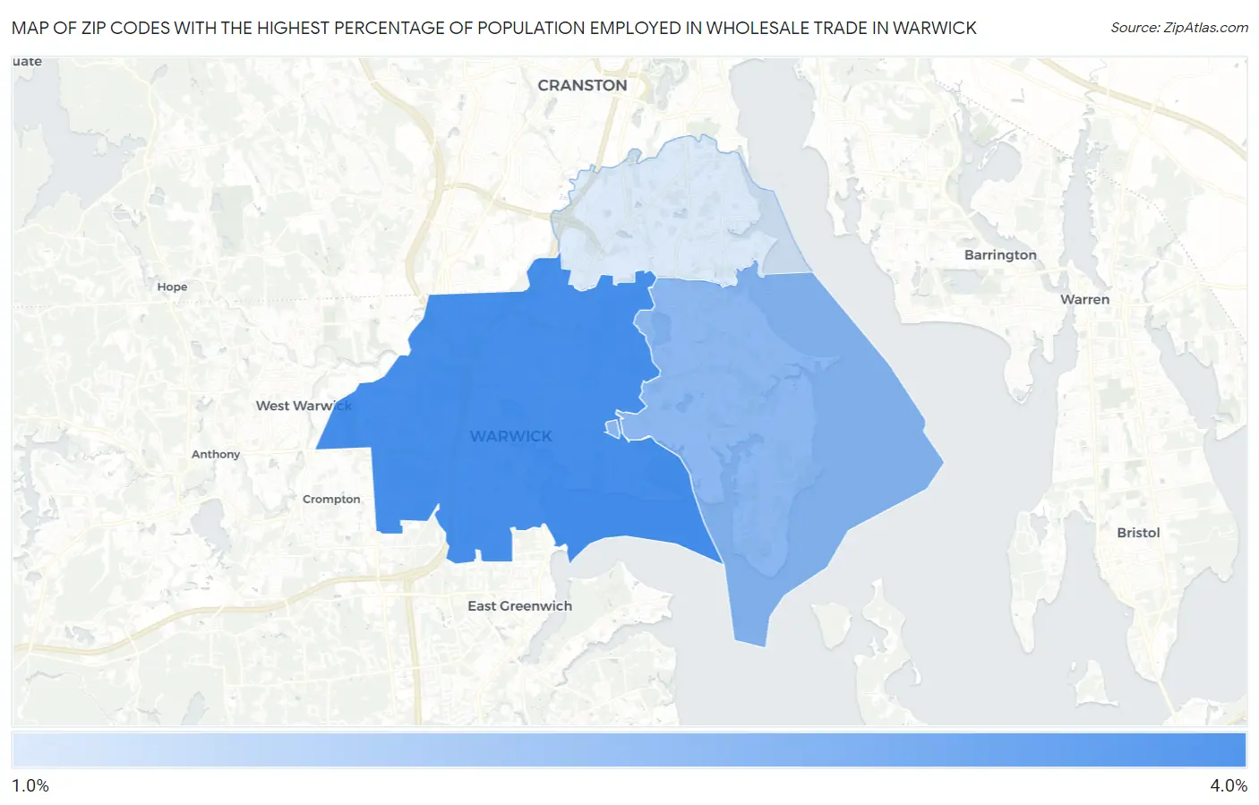 Zip Codes with the Highest Percentage of Population Employed in Wholesale Trade in Warwick Map