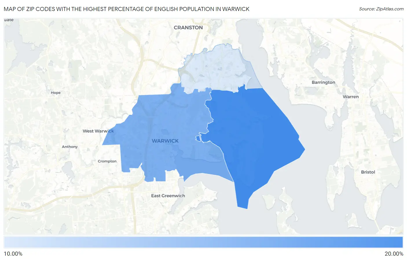 Zip Codes with the Highest Percentage of English Population in Warwick Map