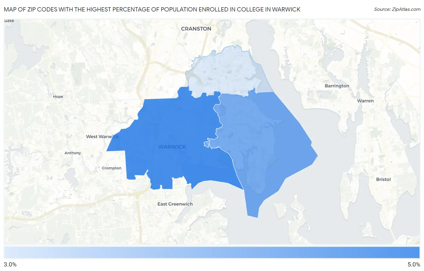Zip Codes with the Highest Percentage of Population Enrolled in College in Warwick Map