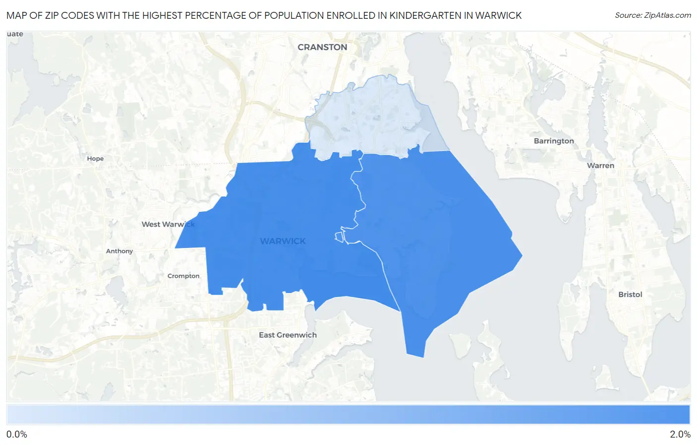 Zip Codes with the Highest Percentage of Population Enrolled in Kindergarten in Warwick Map