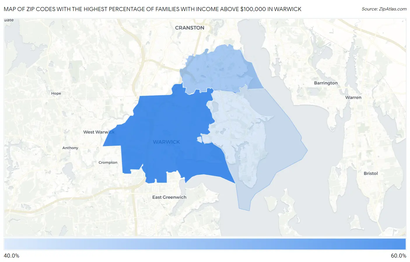 Zip Codes with the Highest Percentage of Families with Income Above $100,000 in Warwick Map