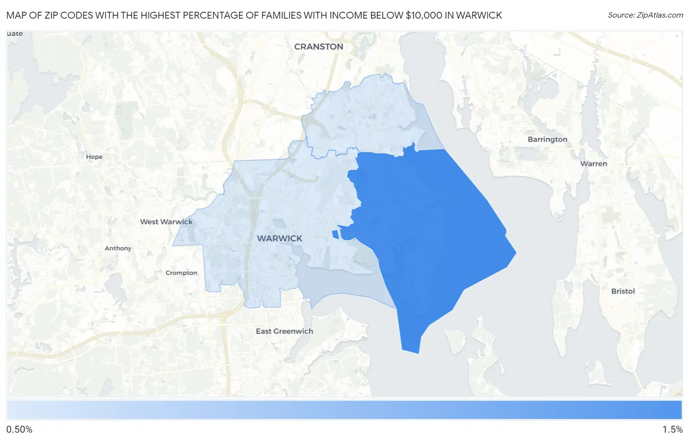 Zip Codes with the Highest Percentage of Families with Income Below $10,000 in Warwick Map