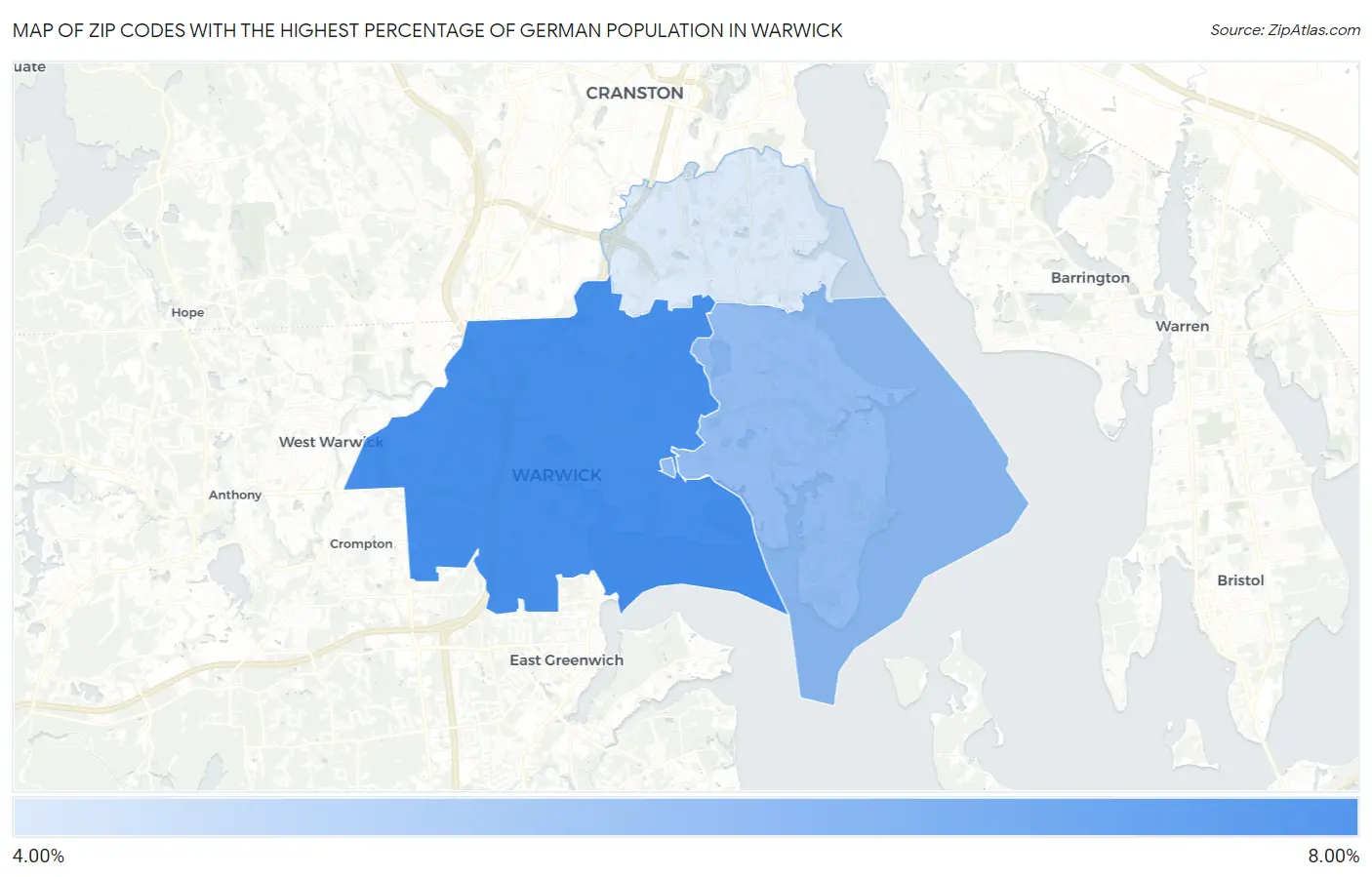 Zip Codes with the Highest Percentage of German Population in Warwick Map