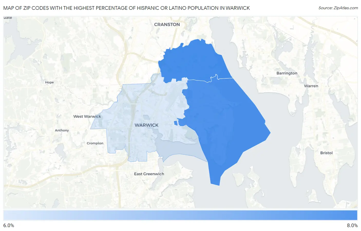 Zip Codes with the Highest Percentage of Hispanic or Latino Population in Warwick Map