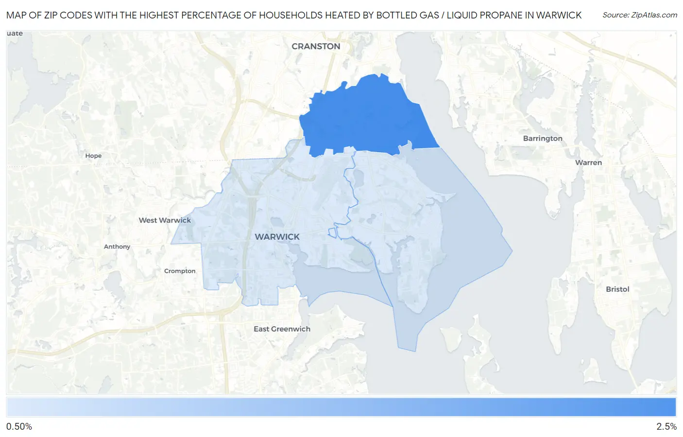 Zip Codes with the Highest Percentage of Households Heated by Bottled Gas / Liquid Propane in Warwick Map