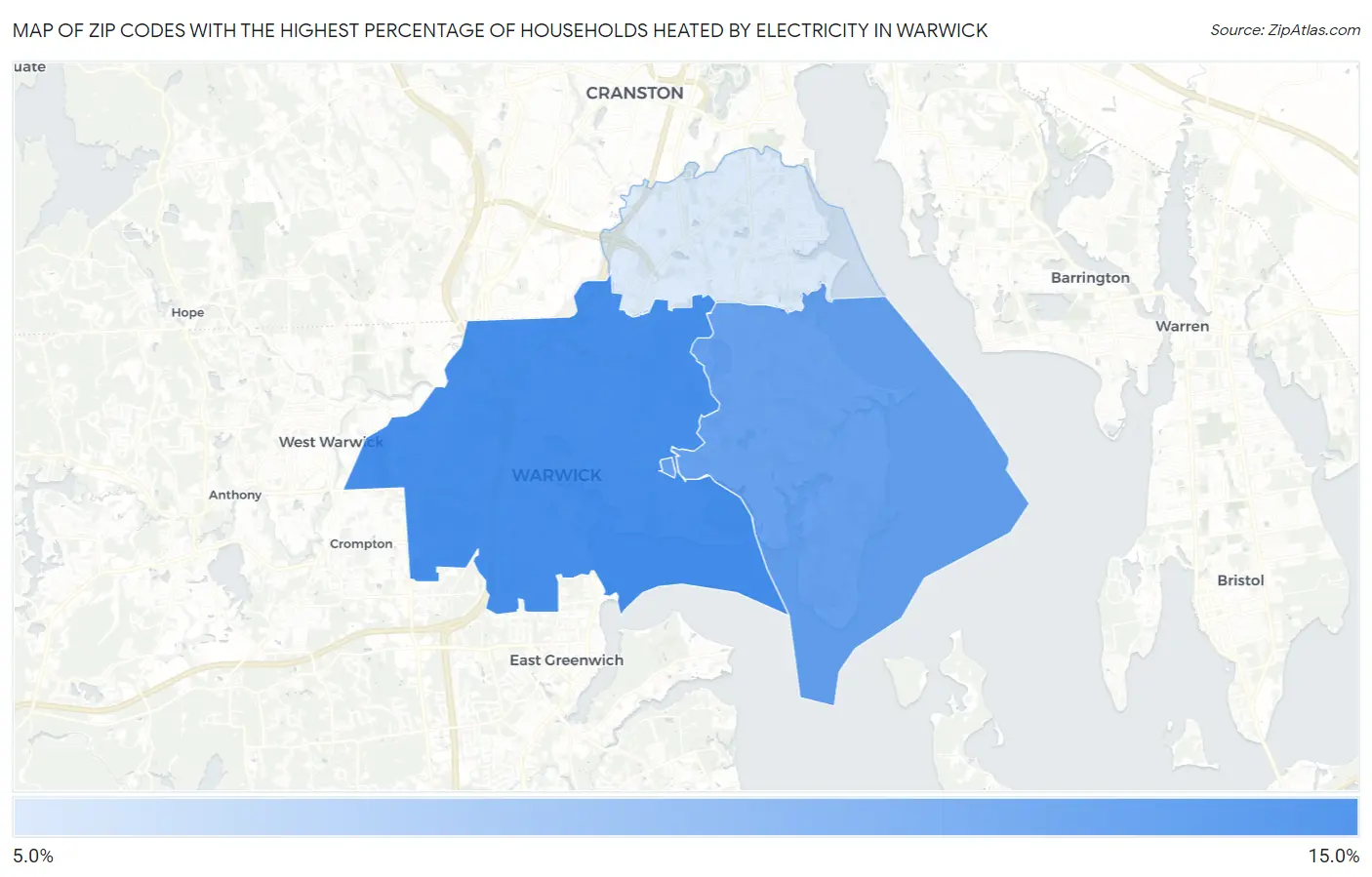 Zip Codes with the Highest Percentage of Households Heated by Electricity in Warwick Map