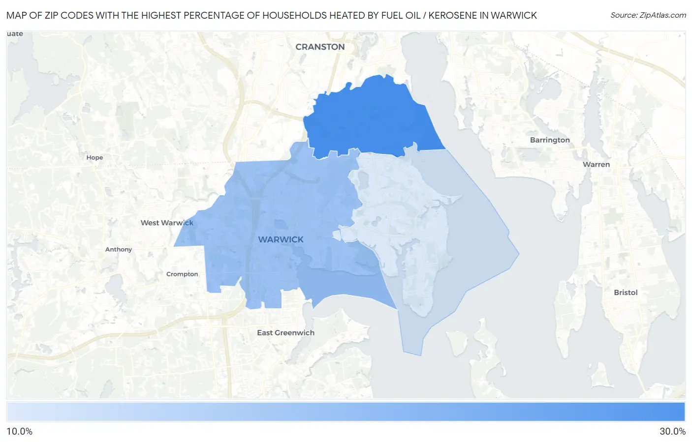Zip Codes with the Highest Percentage of Households Heated by Fuel Oil / Kerosene in Warwick Map