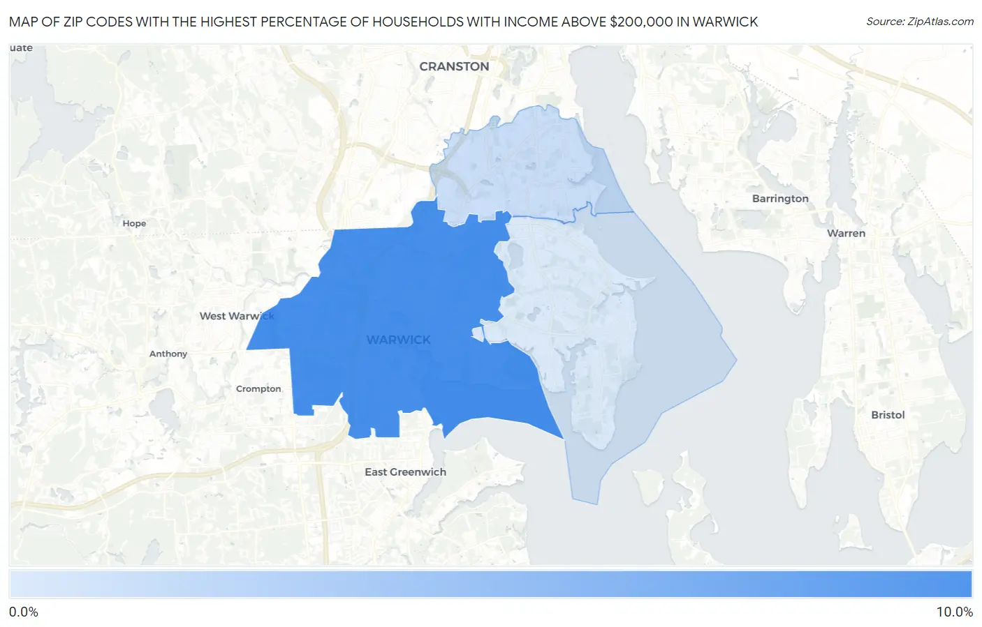 Zip Codes with the Highest Percentage of Households with Income Above $200,000 in Warwick Map