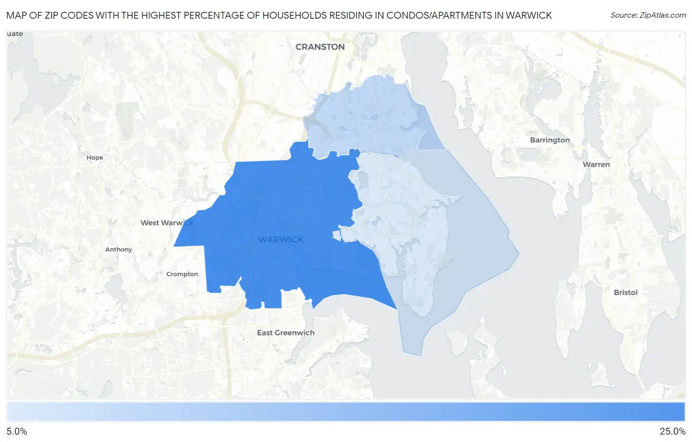 Zip Codes with the Highest Percentage of Households Residing in Condos/Apartments in Warwick Map